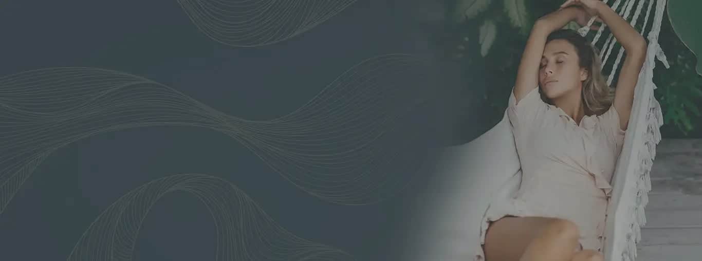 Woman relaxing in a hammock surrounded by greenery, banner graphic